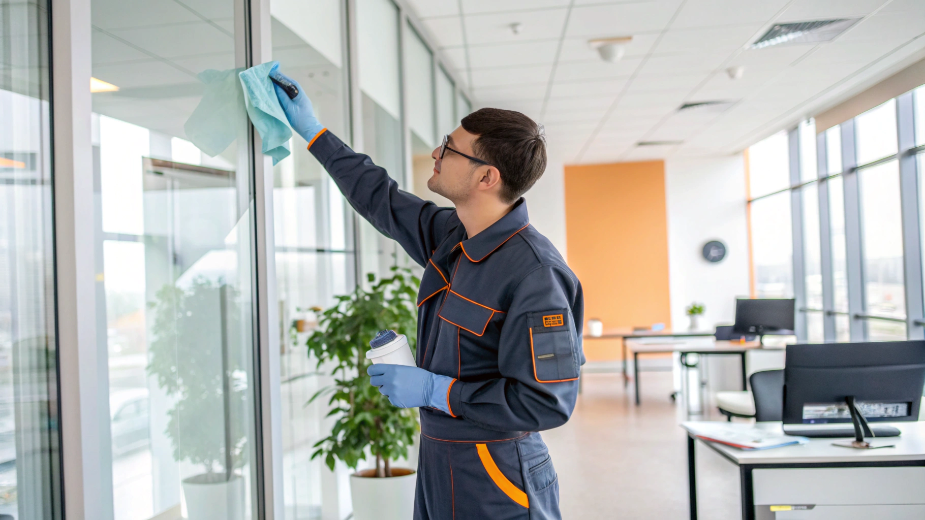 Near Cleaning Services cleaner sanitizing modern corporate office workspace