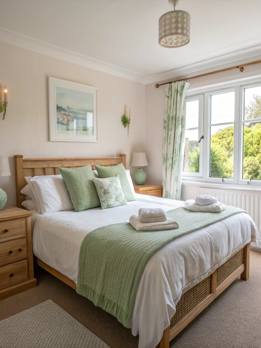 Neatly made Airbnb bedroom with fresh crisp linens and staged cushions