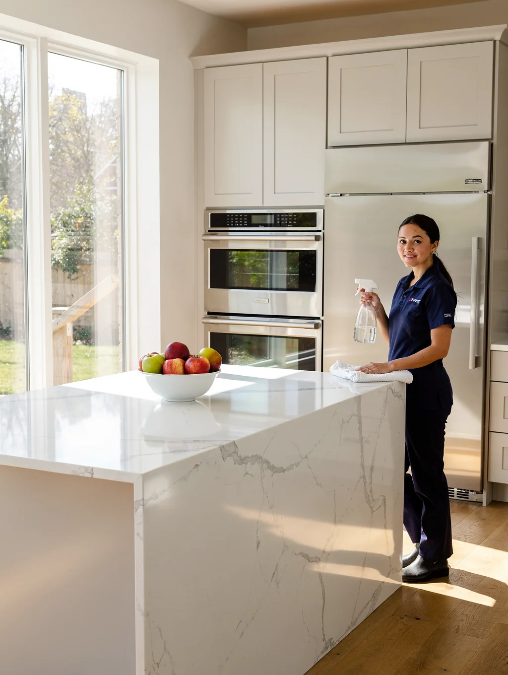 Professional cleaner wiping down a stainless steel oven front