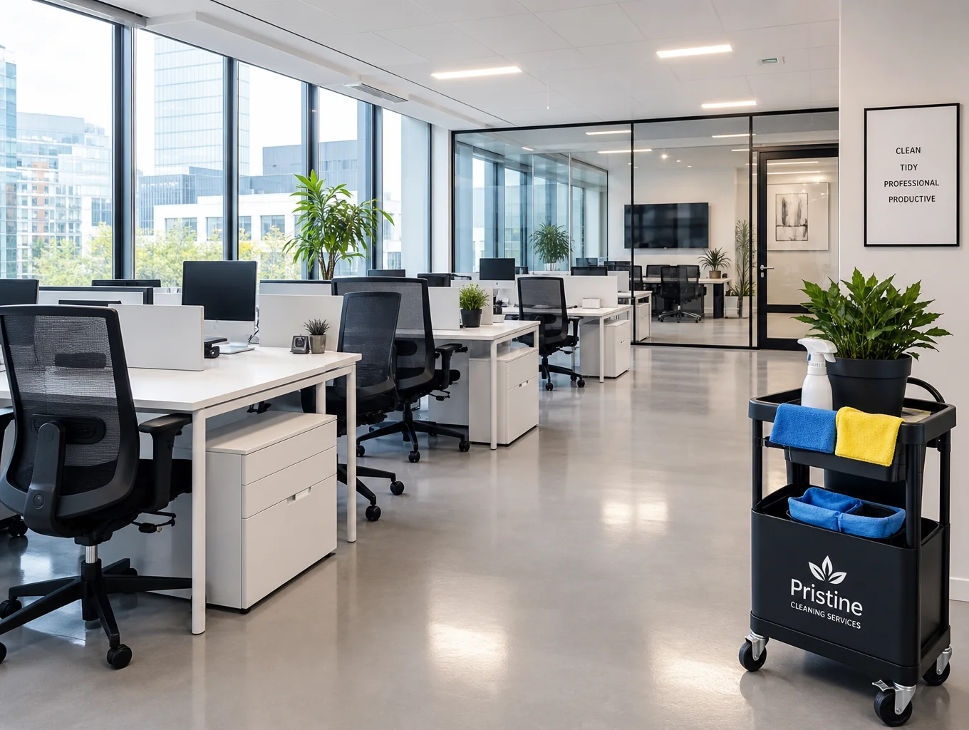 Pristine commercial open office space with organized desks and clean floors