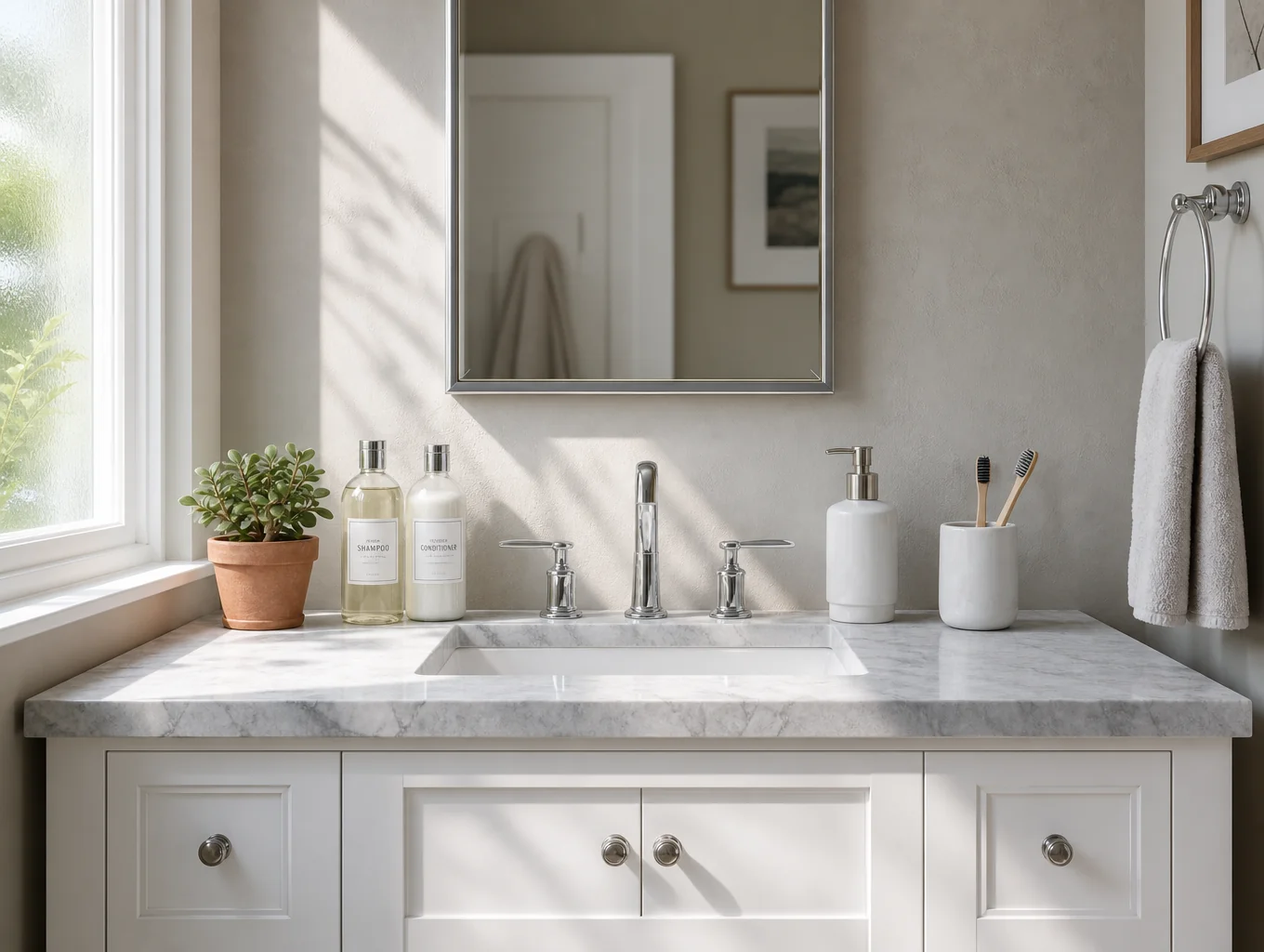 Sparkling tidy bathroom vanity and polished mirrors