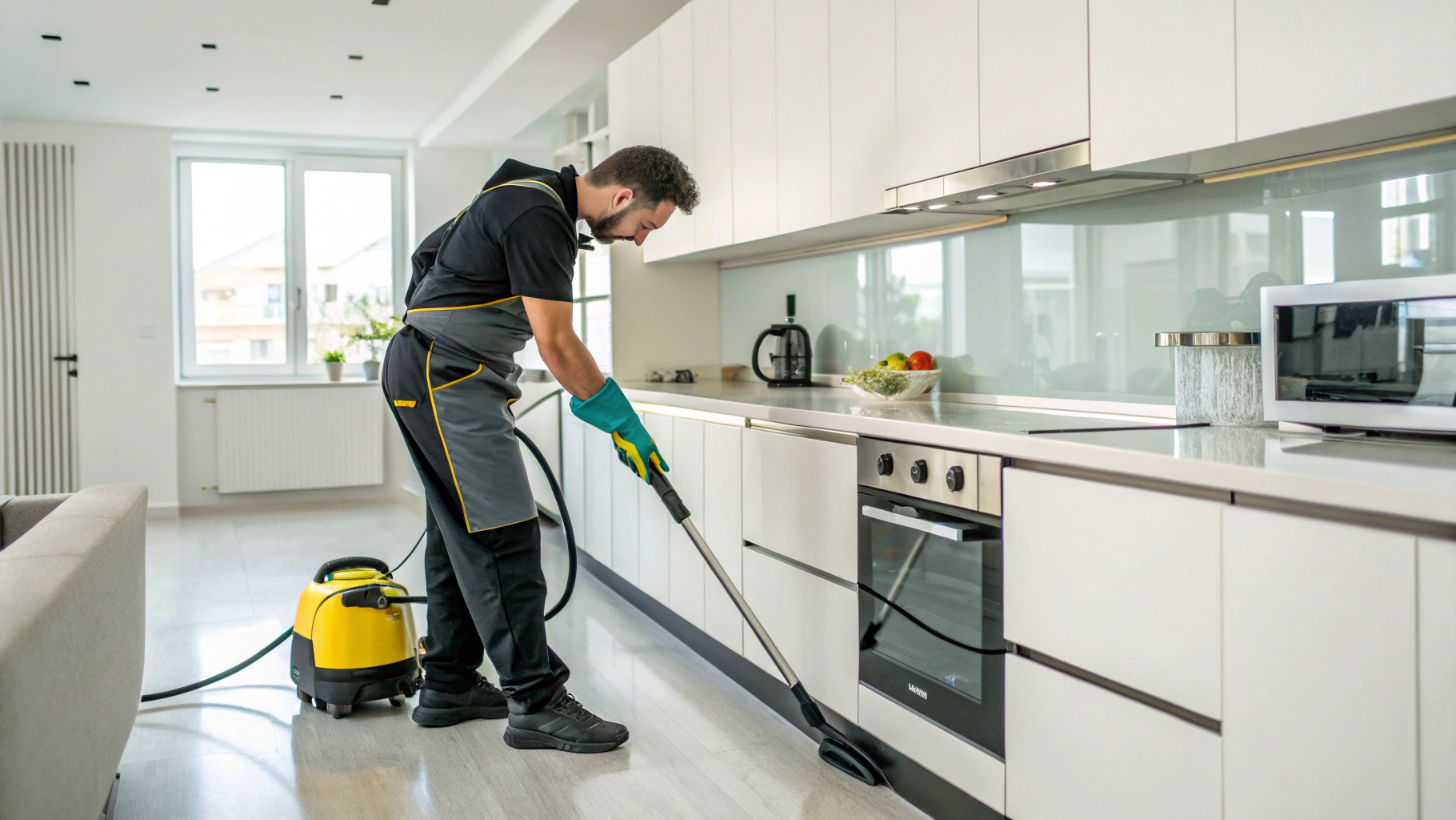 Near Cleaning Services specialist wiping interior of kitchen cabinets in empty home