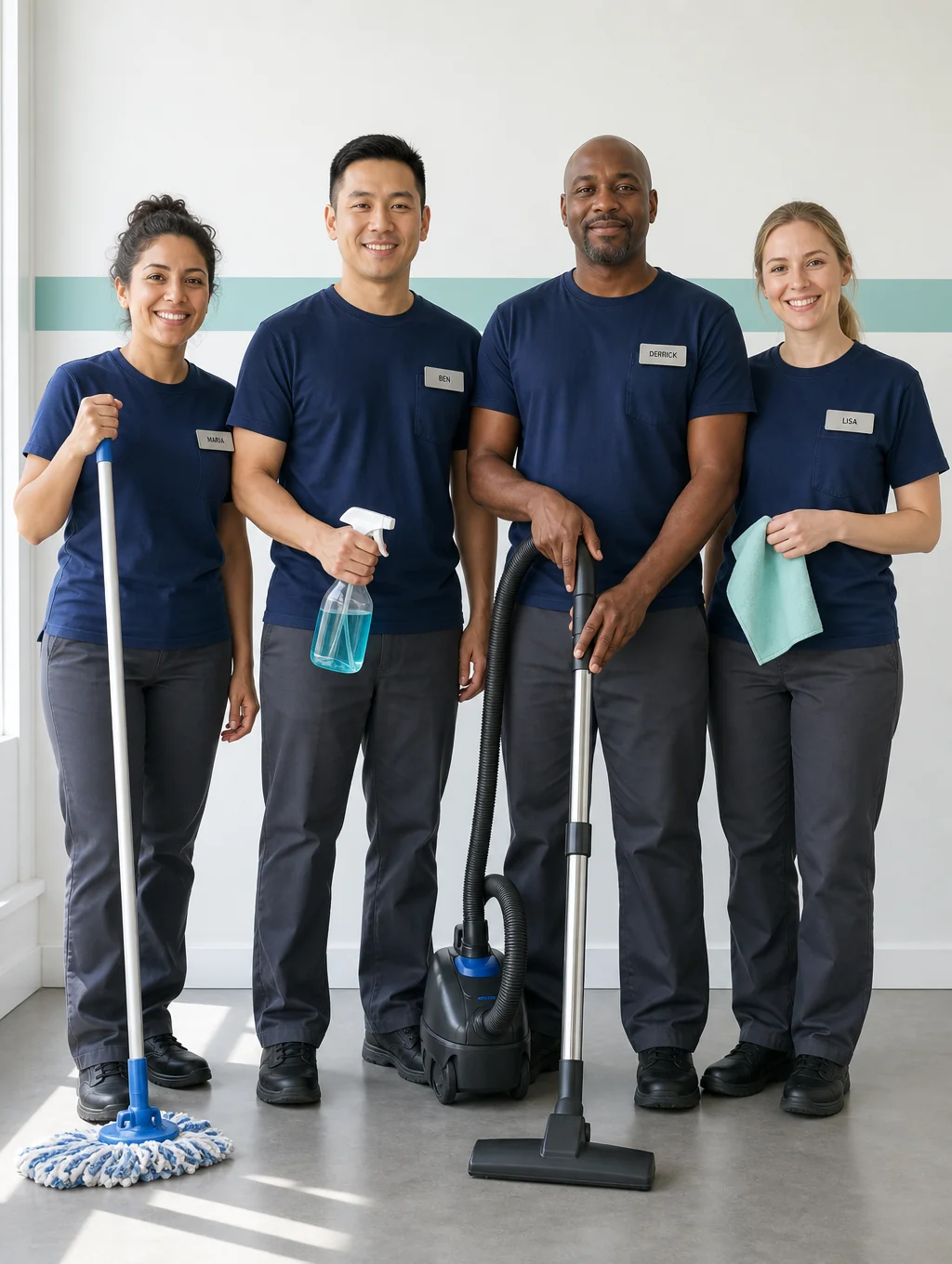 The professional Near Cleaning Services team with cleaning supplies in a bright interior